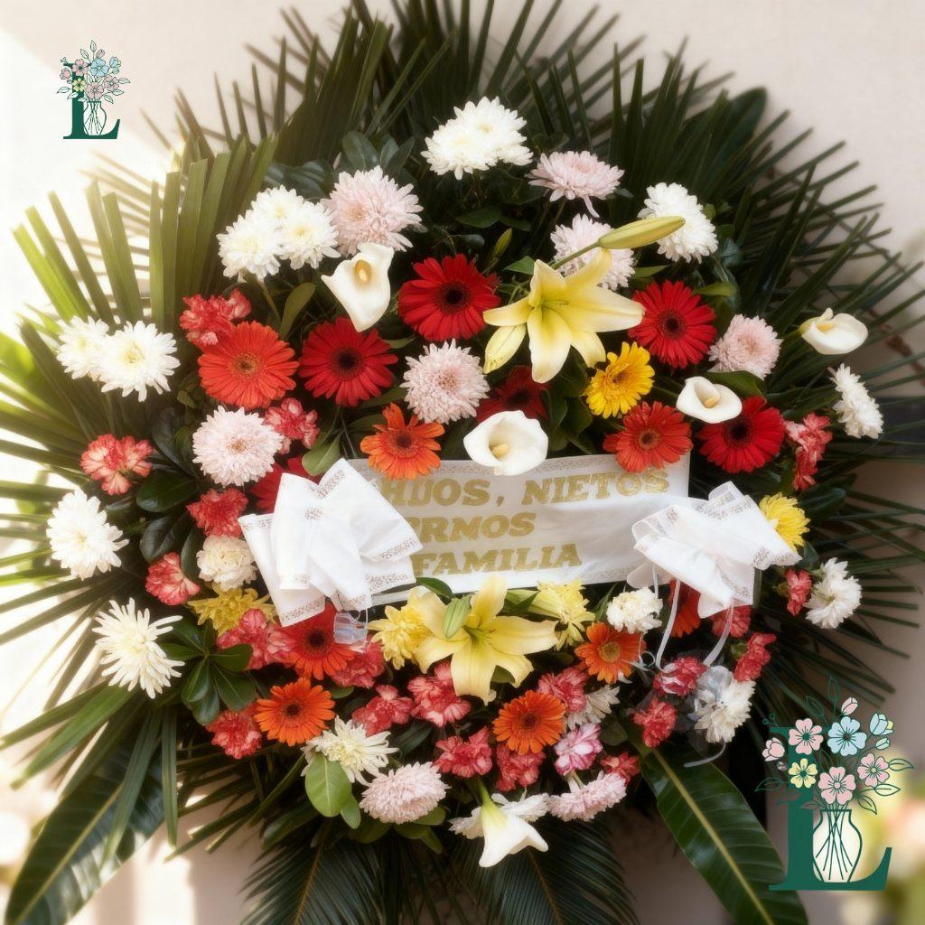 Corona de flores blancas con cinta dedicatoria