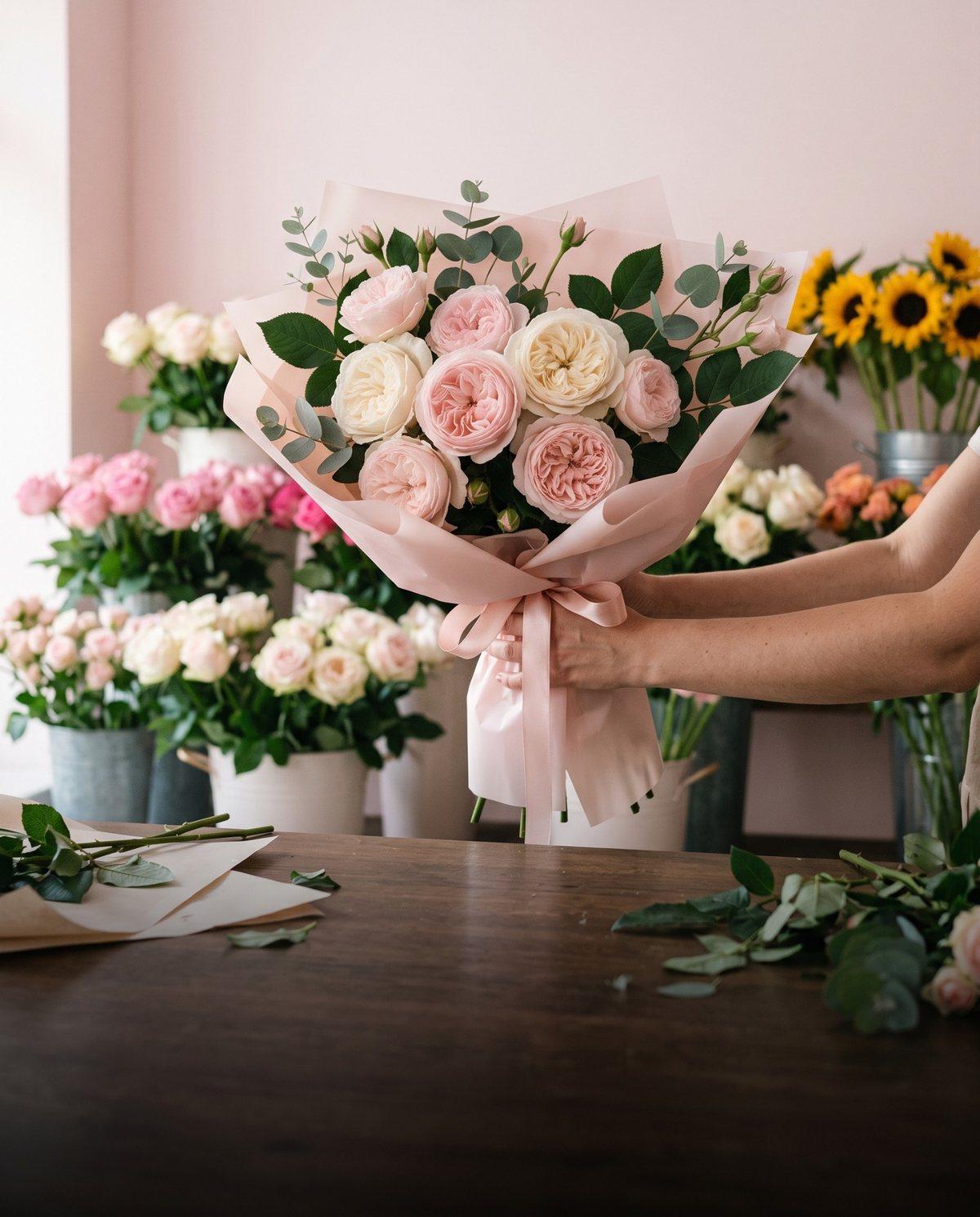 Ramo de rosas rosadas y blancas con eucalipto, envuelto en papel rosa, en el mostrador de FloreríaLiz